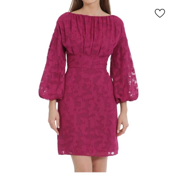 NEW Maggy London Fuchsia Lace Overlay Puff Sleeve Mini Dress | 8 - Picture 1 of 10
